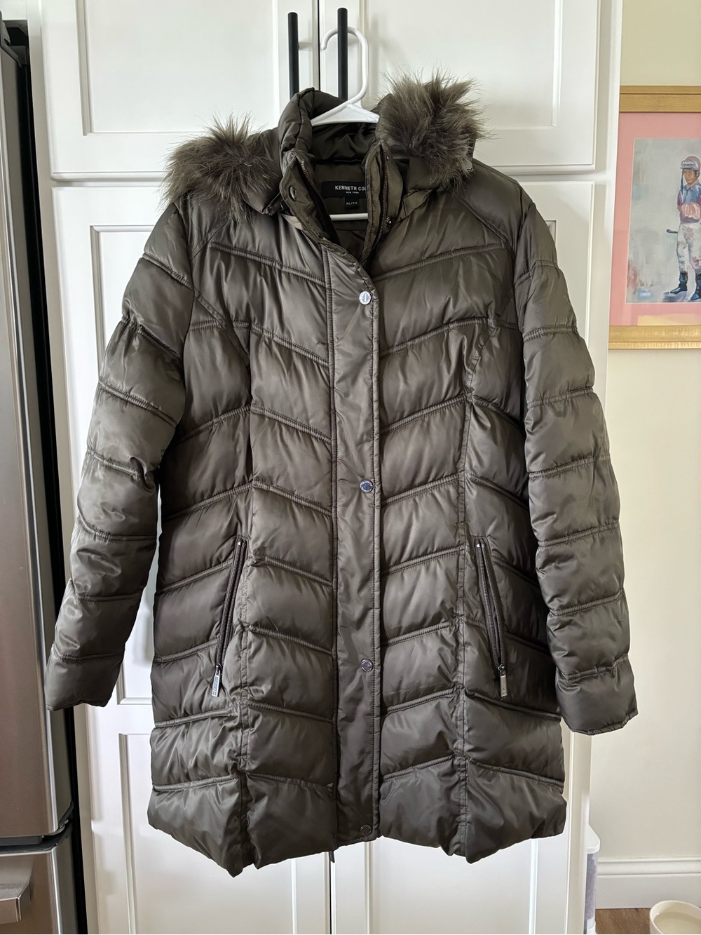 Kenneth Cole Olive Green Quilted Long Puffer Coat with Faux Fur Trim